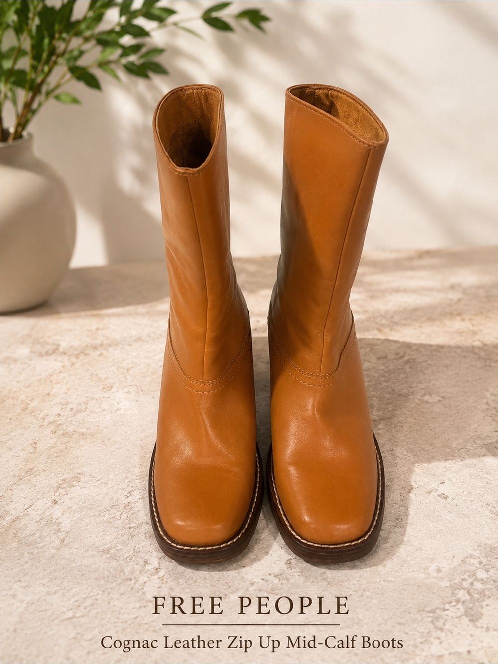 Free People Cognac Leather zip up Mid-Calf Boots